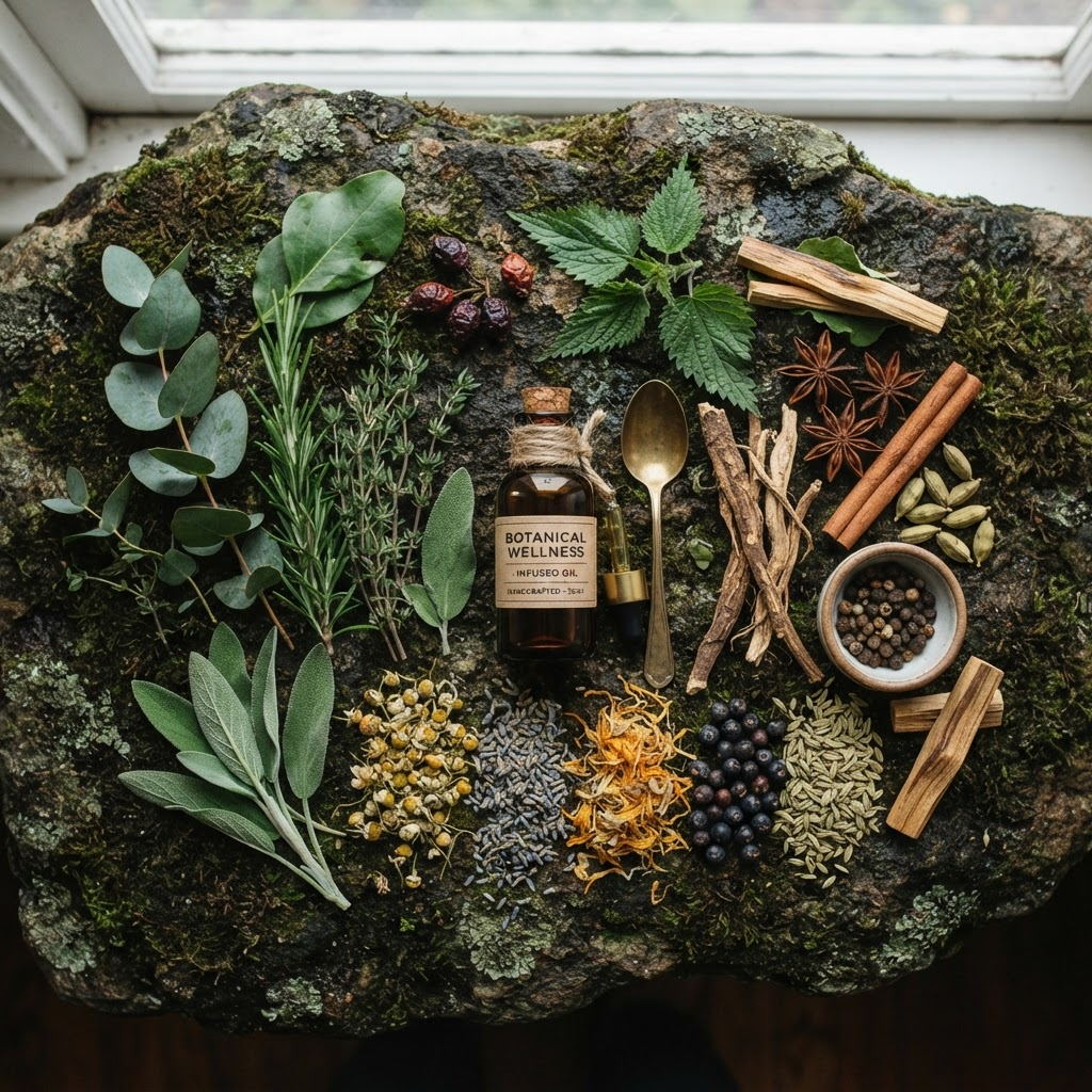 A flat lay of natural wellness ingredients, herbs and roots on dark stone